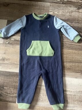 Ralph Lauren Navy Fleece One-Piece with Light Blue Sleeves and Green Accents